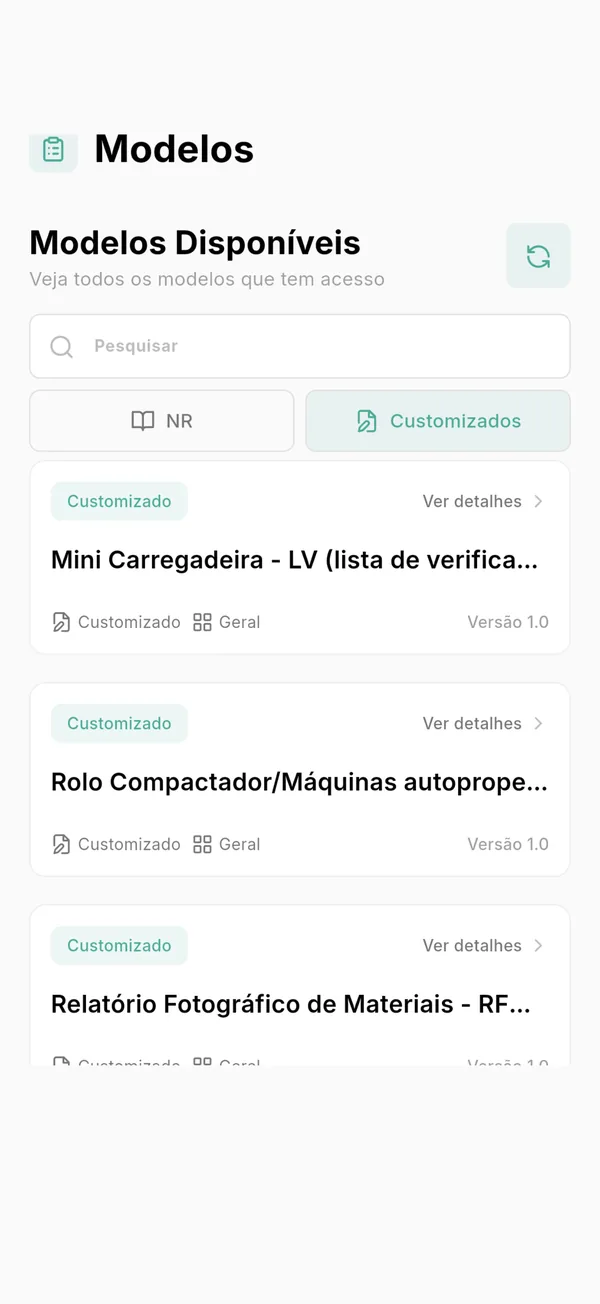 Tela de modelos do app GNRx Auditoria, com abas de modelos por NR e customizados