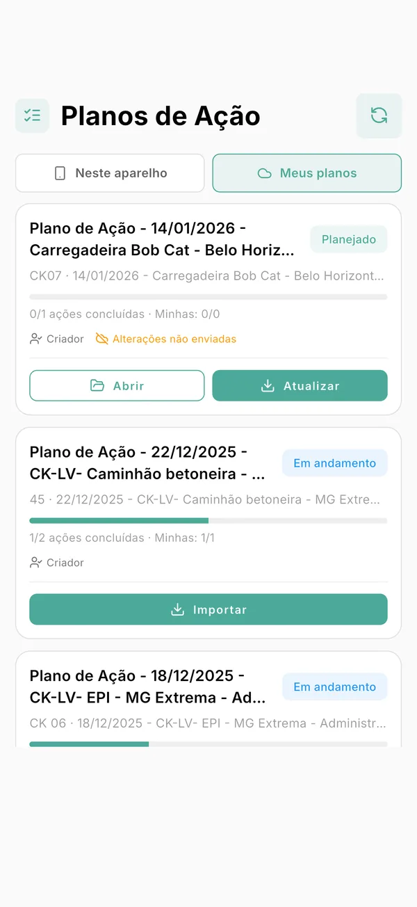 Tela de planos de ação do app GNRx Auditoria, com status e progresso de cada plano